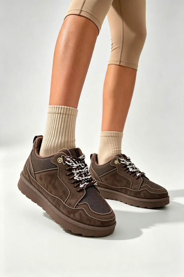 Brown Suede Faux Fur Lined Lace-up Low Top Trainers
