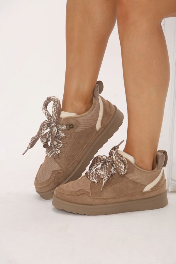 Camel Suede Faux Fur Lined Lace-up Low Top Trainers