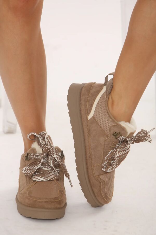 Camel Suede Faux Fur Lined Lace-up Low Top Trainers