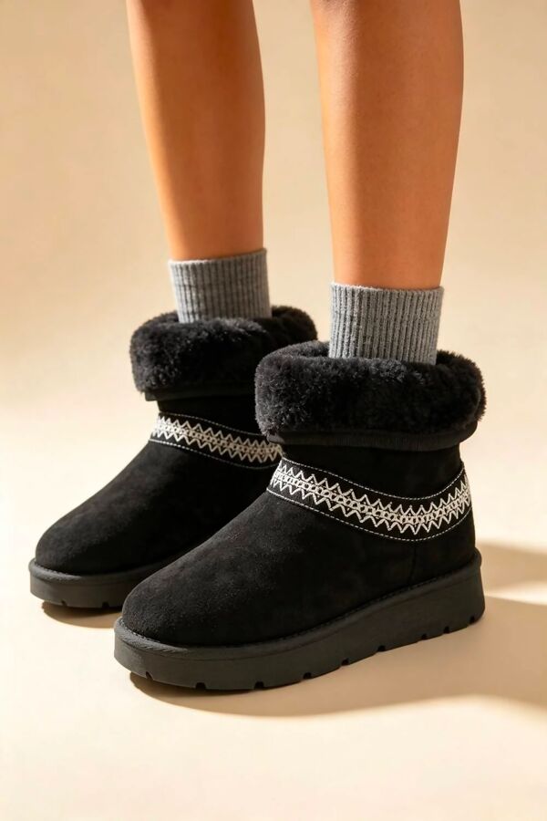 Black Suede Faux Fur Lined Aztec Trim Ankle Boots