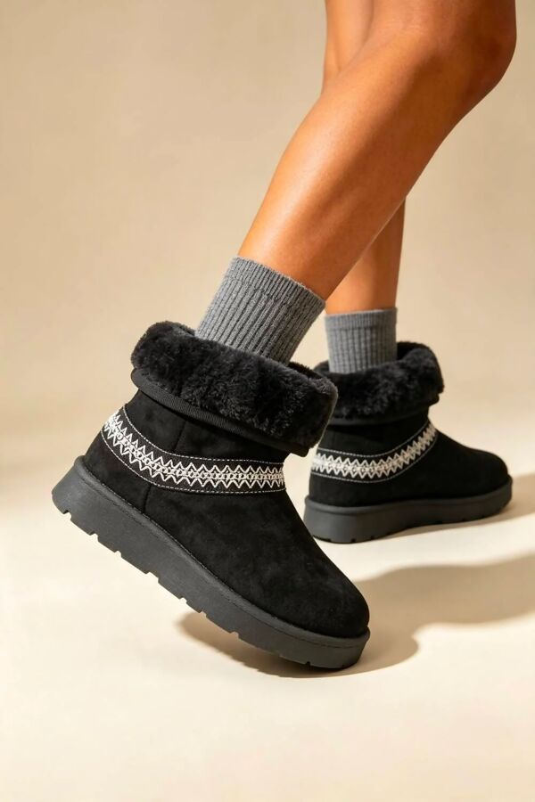 Black Suede Faux Fur Lined Aztec Trim Ankle Boots