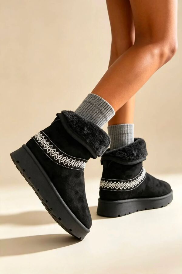 Black Suede Faux Fur Lined Aztec Trim Ankle Boots