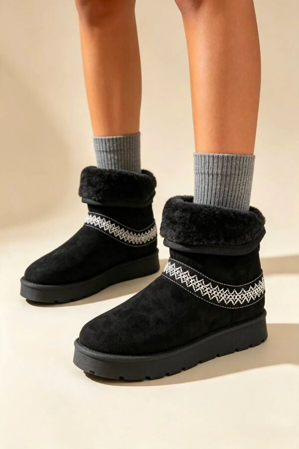 Black Suede Faux Fur Lined Aztec Trim Ankle Boots