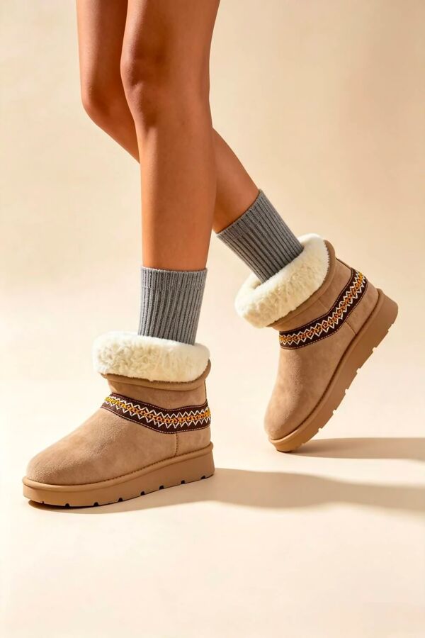 Camel Suede Faux Fur Lined Aztec Trim Ankle Boots