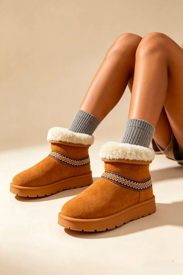 Chestnut Suede Faux Fur Lined Aztec Trim Ankle Boots