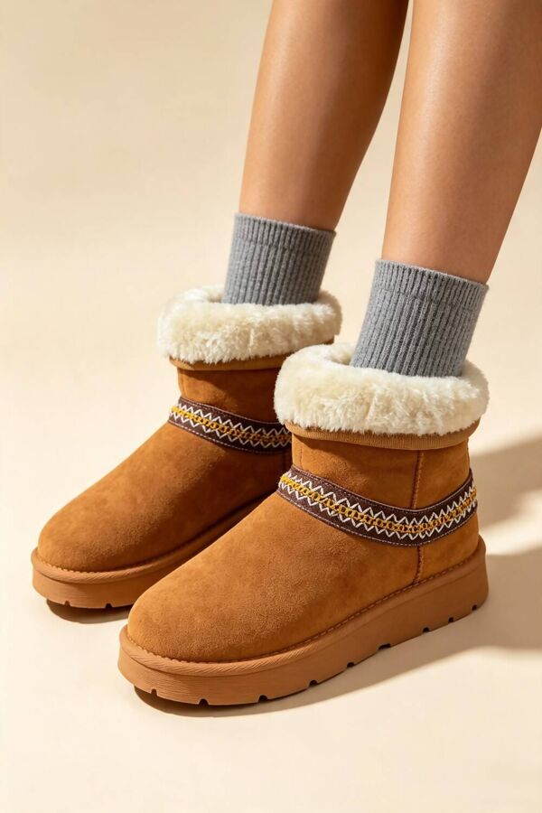 Chestnut Suede Faux Fur Lined Aztec Trim Ankle Boots