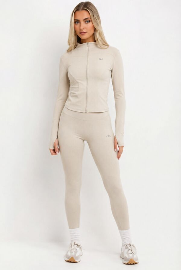 Beige Printed Active Top And Legging Energy Gym Set