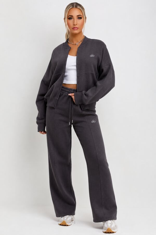 Slate Grey Printed Bomber Sweatshirt With Straight Leg Jogger