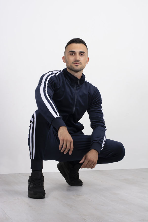 Wholesale Aarhon Navy Double Striped Band Velour Tracksuit