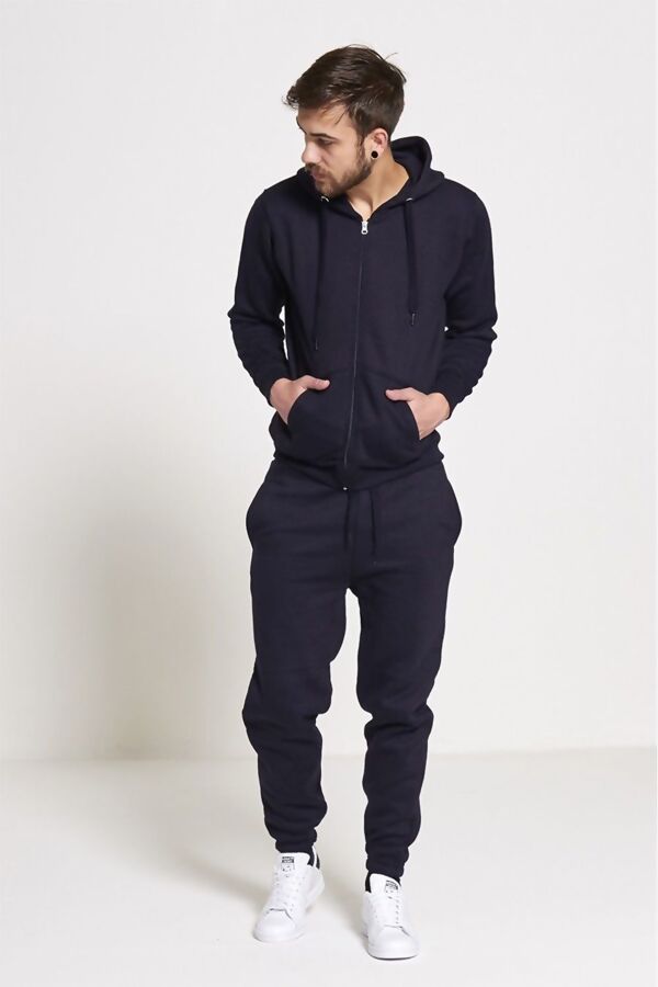 Navy Fleece Jogging Pockets Bottoms Plain Tracksuit
