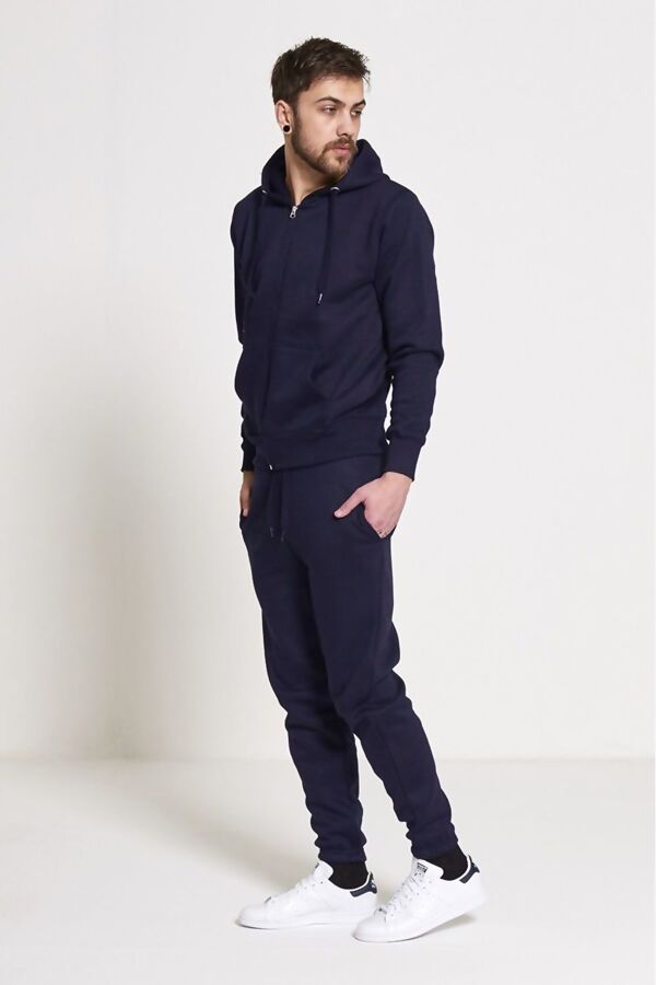 Navy Fleece Jogging Pockets Bottoms Plain Tracksuit