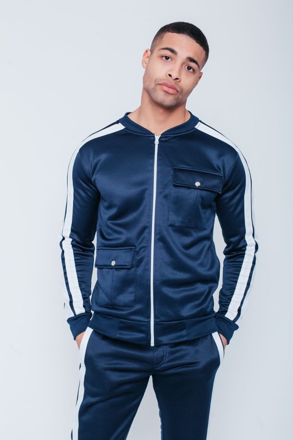 Navy with White Tape Zip Up Tracksuit