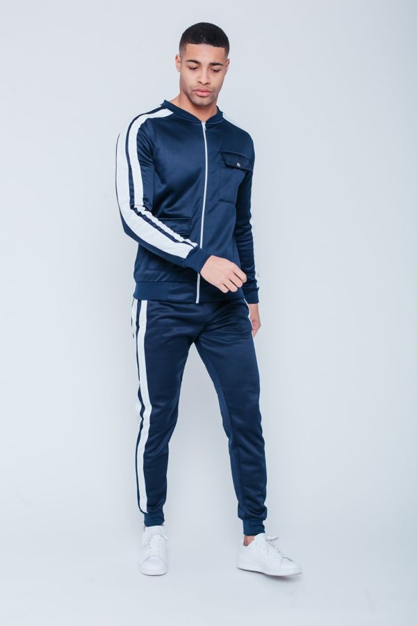 Navy with White Tape Zip Up Tracksuit
