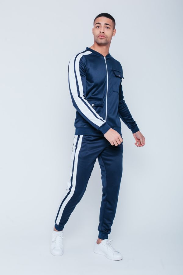 Navy with White Tape Zip Up Tracksuit