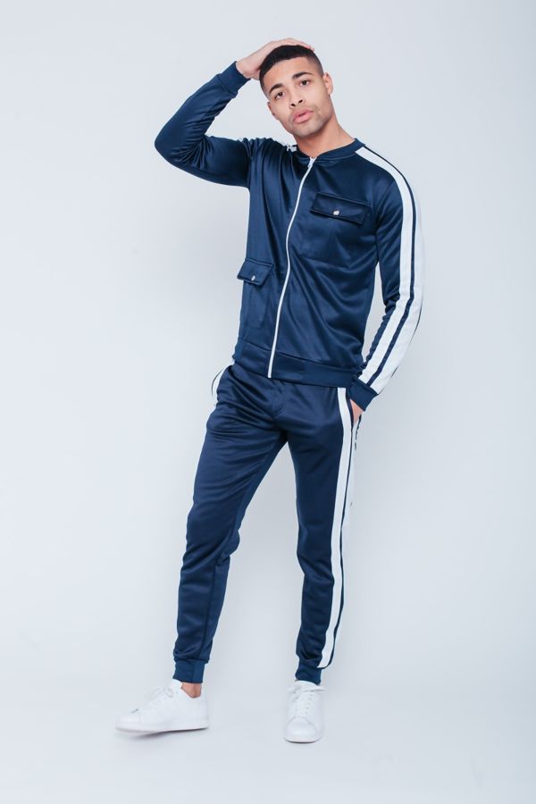 Navy with White Tape Zip Up Tracksuit
