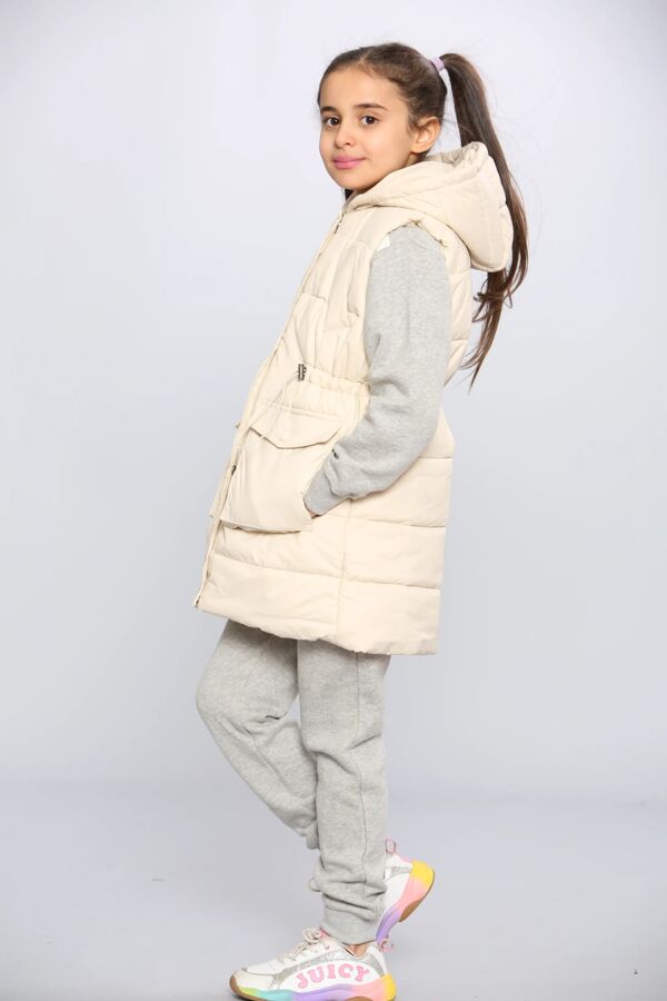 Girls Beige Pocket Front Puffer Gilet