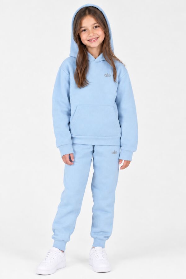 Sky Blue Kids Plain Fleece Pullover Hoodie Printed Casual Tracksuit