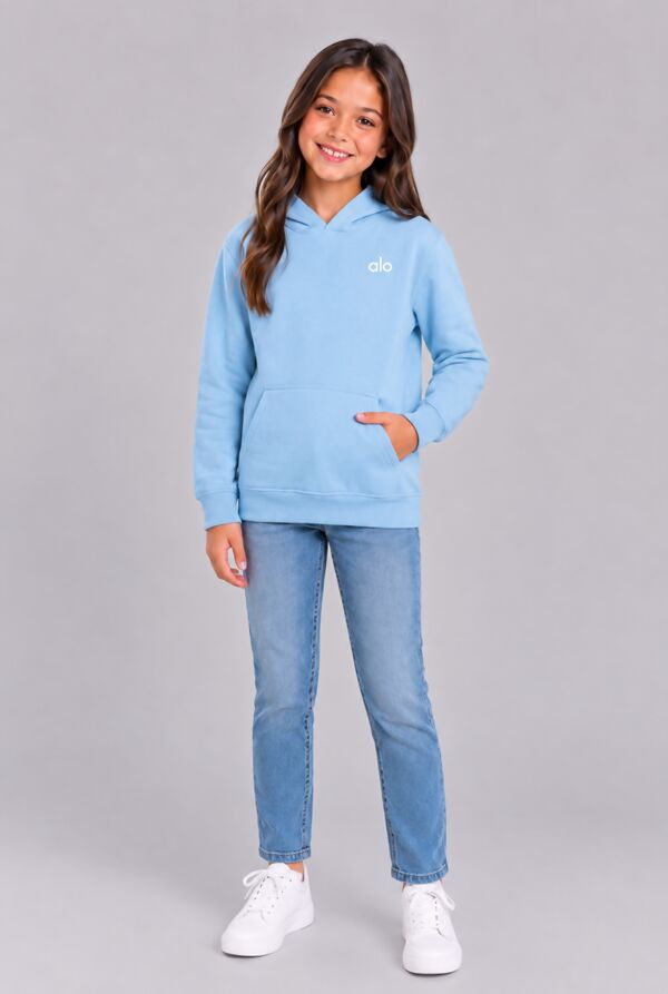 Sky Blue Kids Casual Fleece Printed Pullover Hoodie