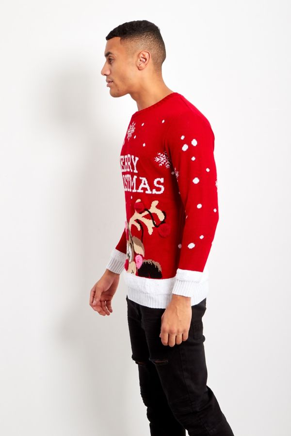 Red Pom Reindeer Merry Christmas Jumper 