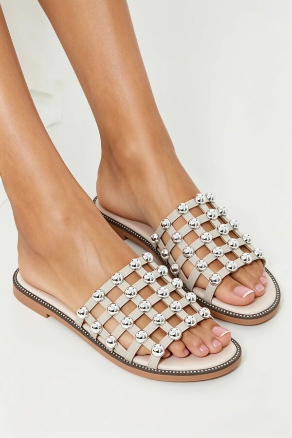 Nude PU Studded Caged Flat Slider Sandals