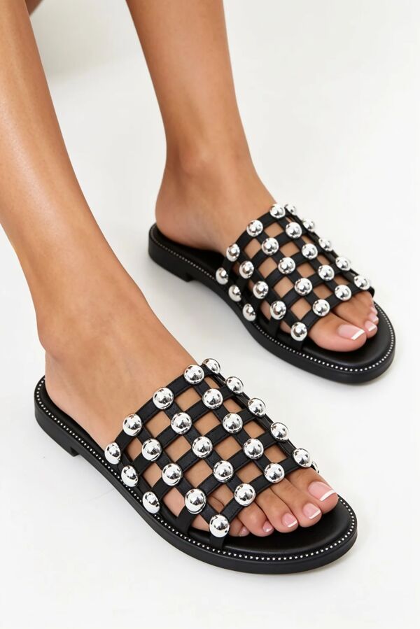 Black PU Studded Caged Flat Slider Sandals