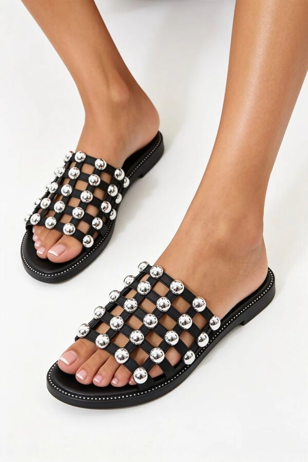 Black PU Studded Caged Flat Slider Sandals