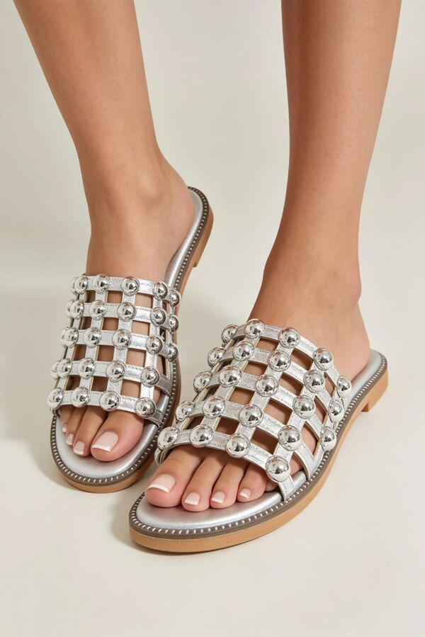 Silver Studded Caged Flat Slider Sandals