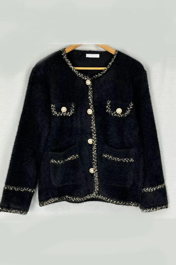 Contrast Long Sleeve Pearl Button Knitted Cardigan