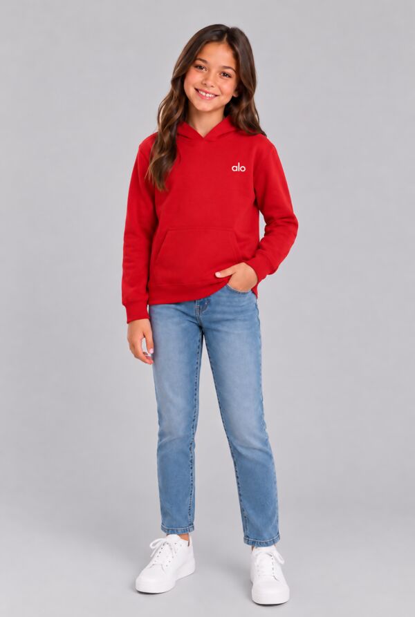 Red Kids Casual Fleece Printed Pullover Hoodie