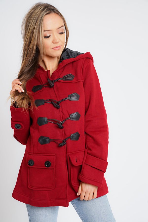 Wholesale Red Fleece Hooded Toggle Jacket J5Fashion
