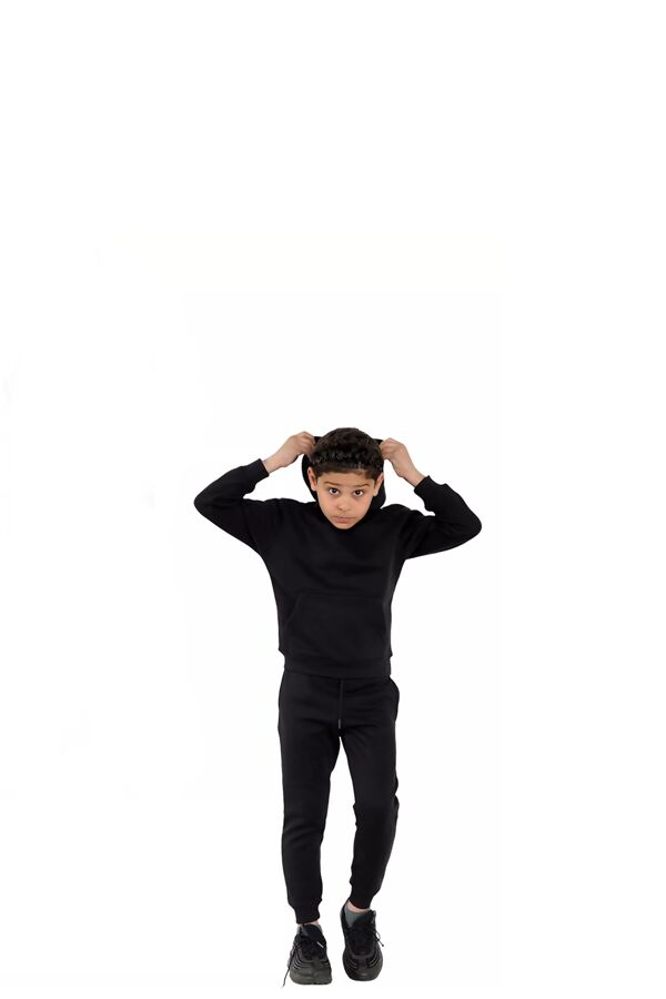 Black Kids Plain Fleece Pullover Hooded Tracksuit