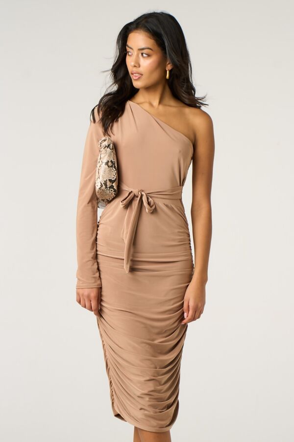 Stone Ruched One Sleeve Bodycon Dress-Copy