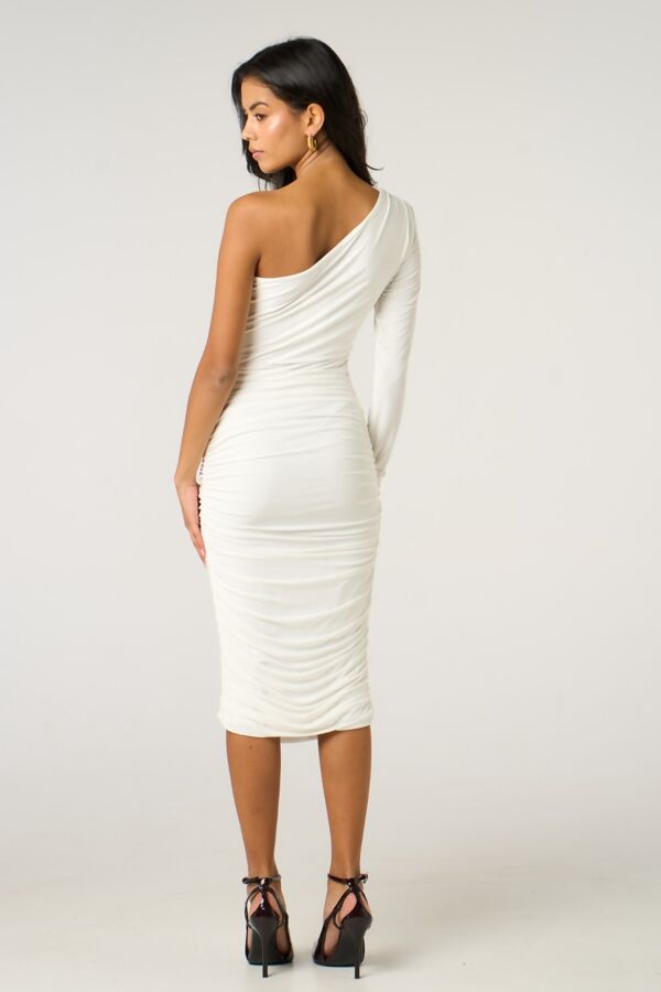 White Ruched One Sleeve Bodycon Dress