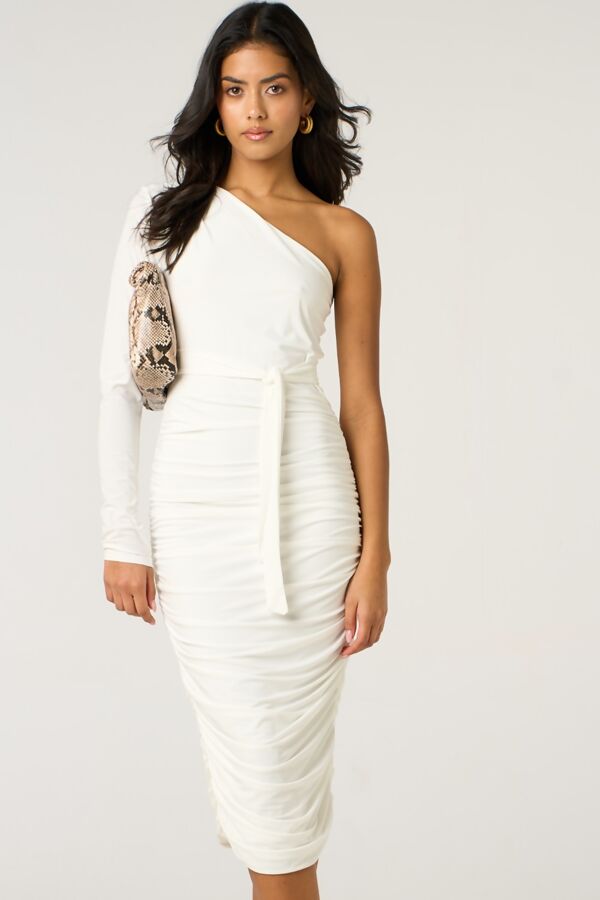 White Ruched One Sleeve Bodycon Dress