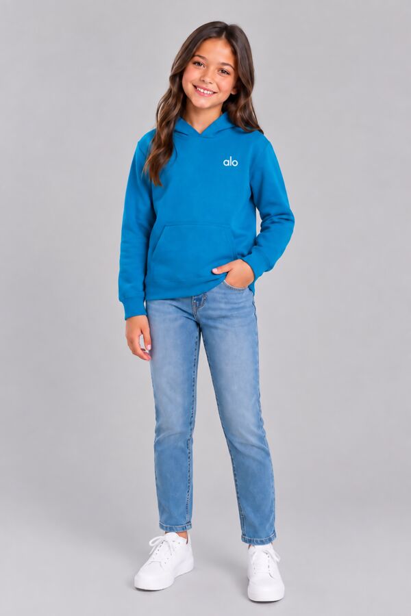 Blue Kids Casual Fleece Printed Pullover Hoodie