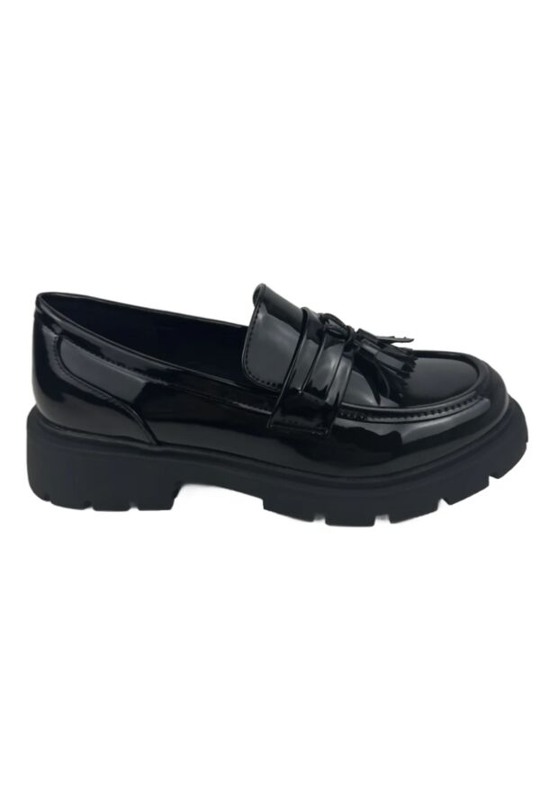 Black Patent Slip on Chunky Flatform Loafer Shoes with Tassel