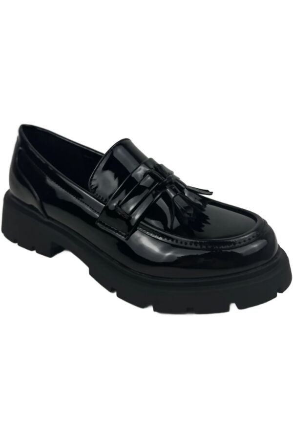 Black Patent Slip on Chunky Flatform Loafer Shoes with Tassel