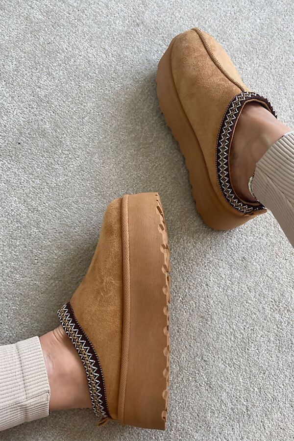 Camel Embroidered Fluffy Platform Detail Faux Fur Lined Boots
