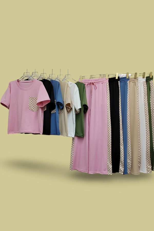 Short Sleeve Pocket T-Shirt With patterned Side Stripe Trouser