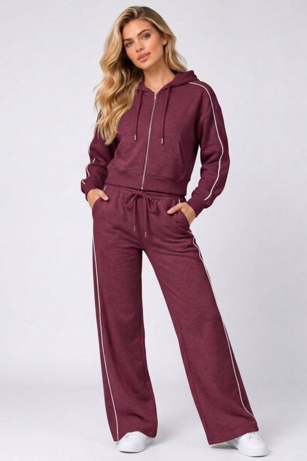Hooded Elastic Cropped Zip-Up & Side-Stripe Jogger Tracksuit Set
