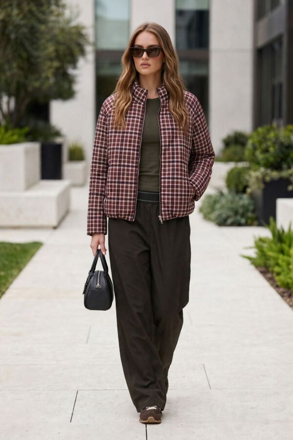Gingham Check Puffed Windbreaker Jacket