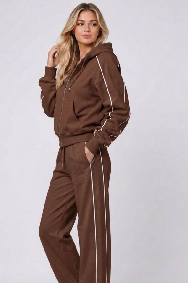 Hooded Elastic Cropped Zip-Up & Side-Stripe Jogger Tracksuit Set