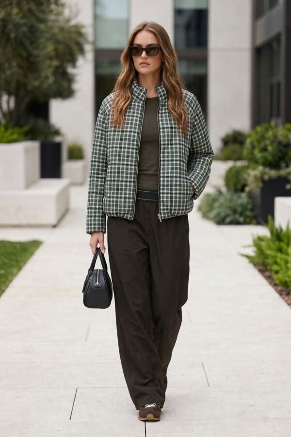 Gingham Check Puffed Windbreaker Jacket