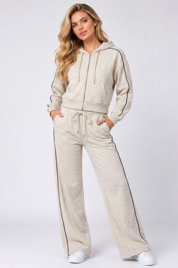 Hooded Elastic Cropped Zip-Up & Side-Stripe Jogger Tracksuit Set