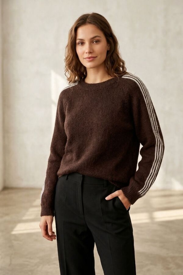 Ribbed Collar Stripe Sleeve Knit Jumper