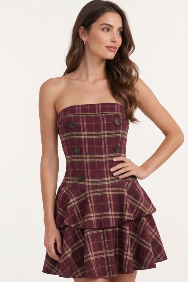 Strapless Plaid Double Button Tiered Mini Dress