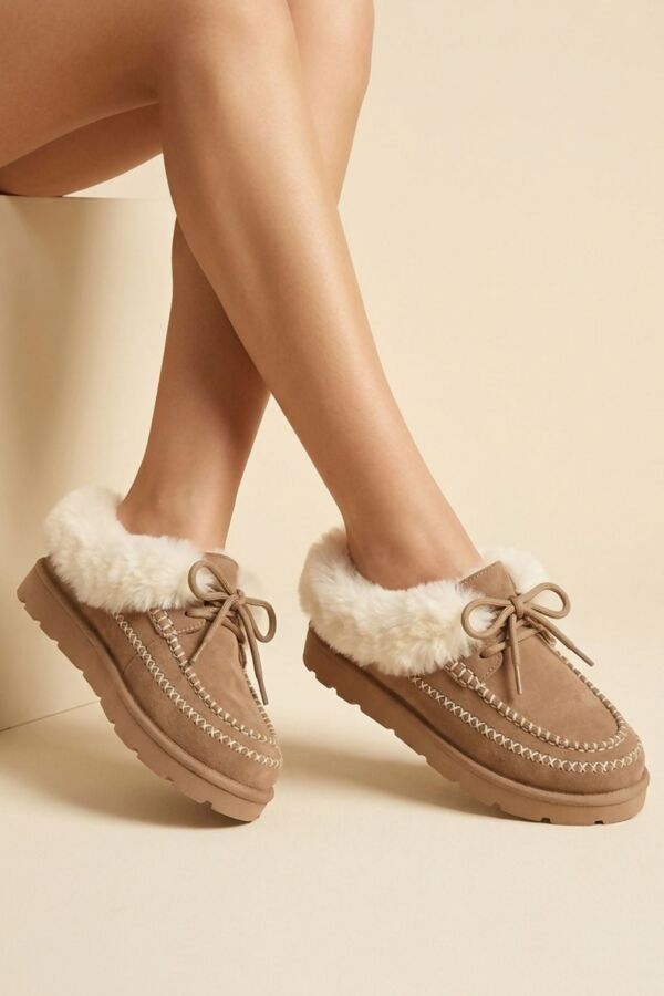Wine Faux Fur Trim Stitch Detail Moccasin Slippers