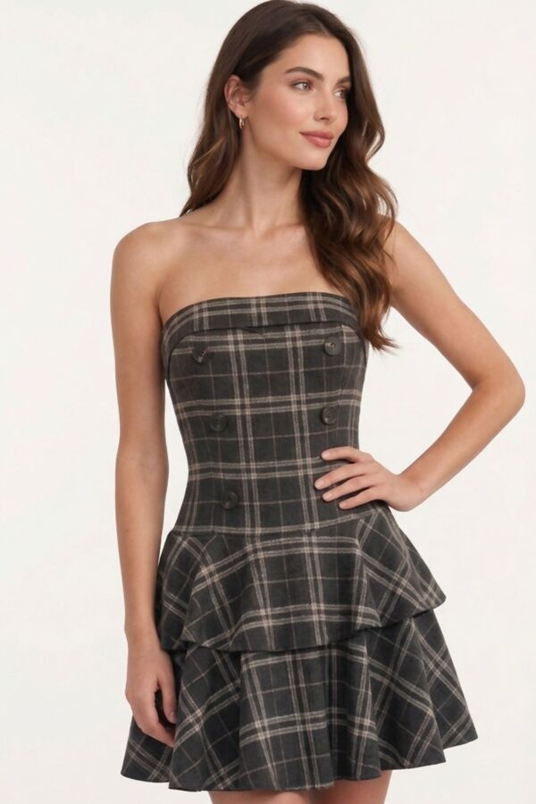 Strapless Plaid Double Button Tiered Mini Dress