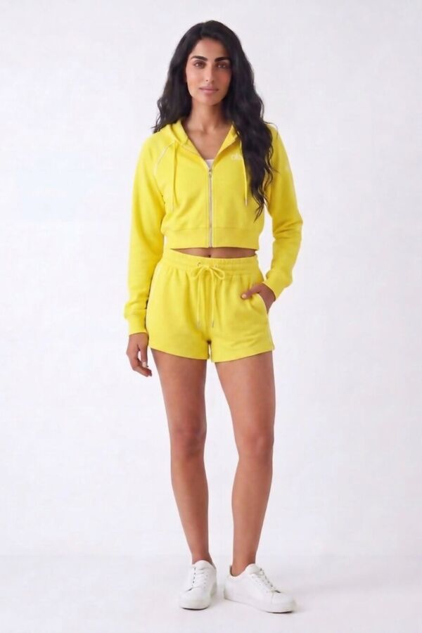 Yellow Contrast Piping Printed Zip Up Hoodie With Short Set