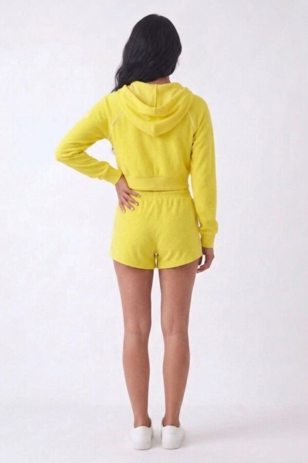 Yellow Contrast Piping Printed Zip Up Hoodie With Short Set